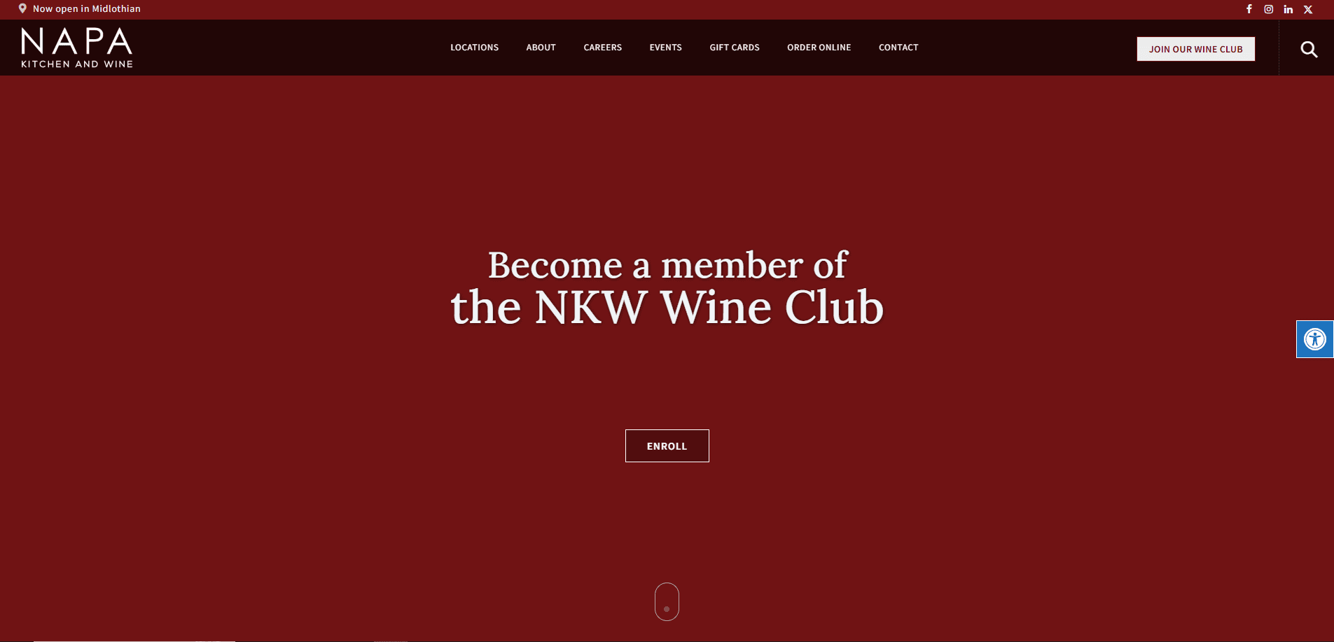 Screenshot of Napa Kitchen and Wine’s website homepage. Centered white text reads, Become a member of the NKW Wine Club above a button labeled Enroll, all on a dark red background. Menu options appear at the top.