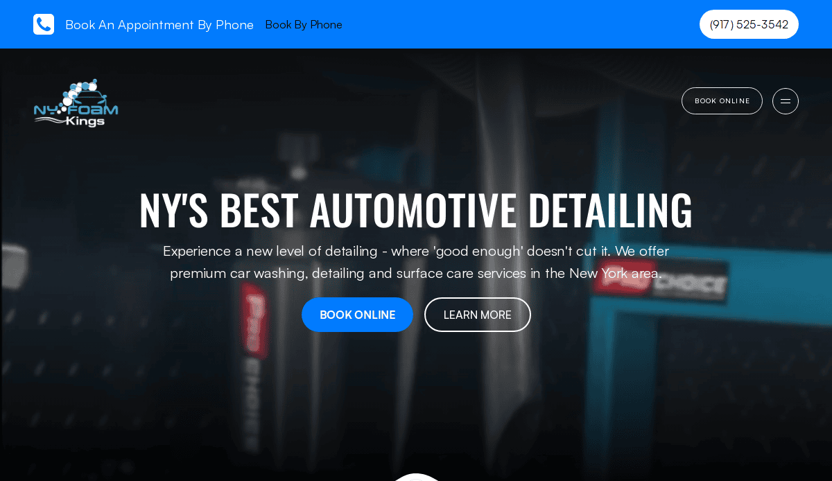 Website homepage for NY Foam Kings automotive detailing, featuring bold text: NYS BEST AUTOMOTIVE DETAILING, booking options, a phone number, and navigation bar on a blue and black background.