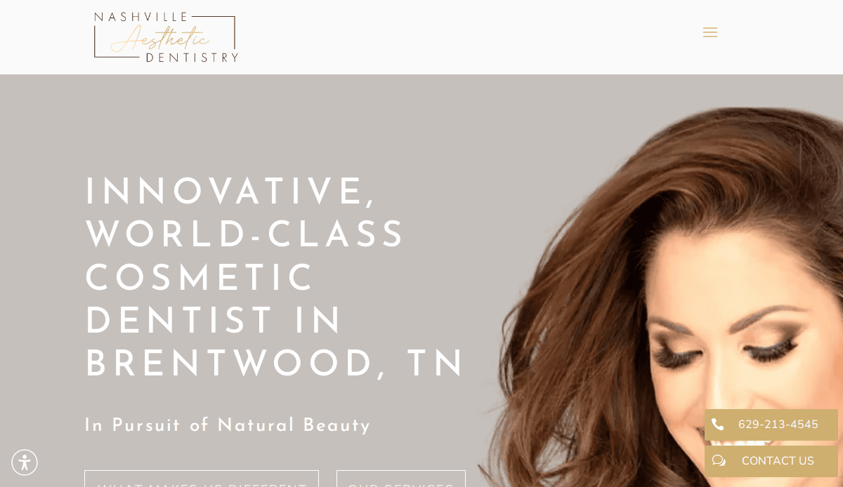 Website homepage for Nashville Aesthetic Dentistry featuring a woman’s face with styled hair on the right, and text promoting innovative cosmetic dentistry in Brentwood, TN, along with a contact phone number.