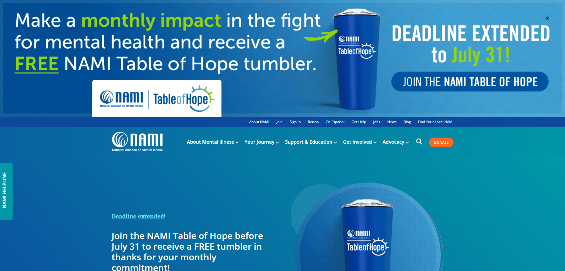 A webpage promoting NAMIs Table of Hope campaign, featuring a blue tumbler, a headline about making a monthly impact for mental health, and a banner stating the deadline is extended to July 31.