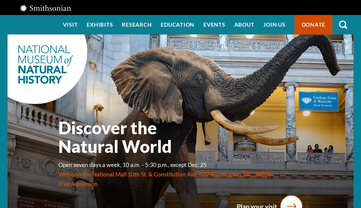 A large elephant exhibit stands in the main hall of the Smithsonian National Museum of Natural History, with museum balconies and people visible in the background. The screen displays the museum name and visiting information.