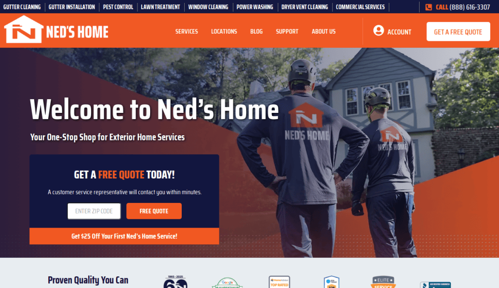 Two workers in matching uniforms with Neds Home logos stand outside a house. The website promotes exterior home services, offering a free quote, and features a navigation menu and contact details.