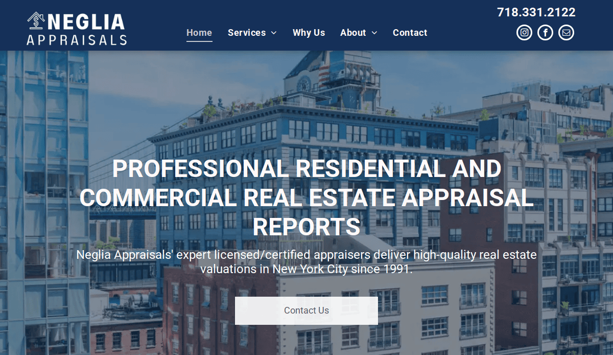Screenshot of Neglia Appraisals’ website homepage, featuring a cityscape background and text promoting professional residential and commercial real estate appraisal reports in New York City. A Contact Us button is visible.