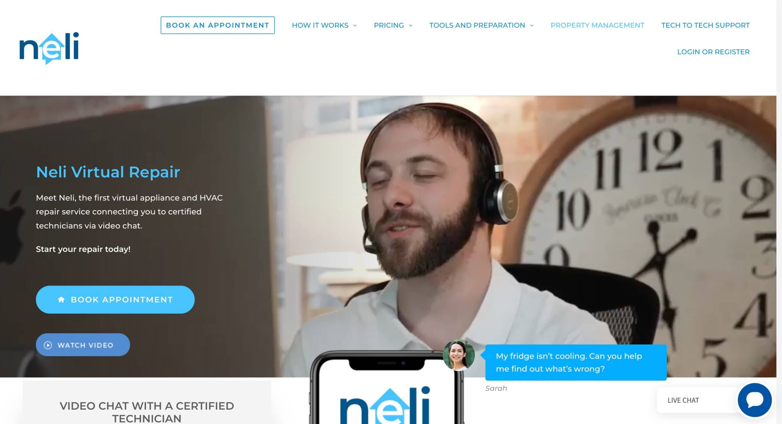 A bearded man wearing a headset smiles during a video call on a computer screen. The Neli Virtual Repair website is shown, offering virtual appliance and HVAC repair services with options to book an appointment.