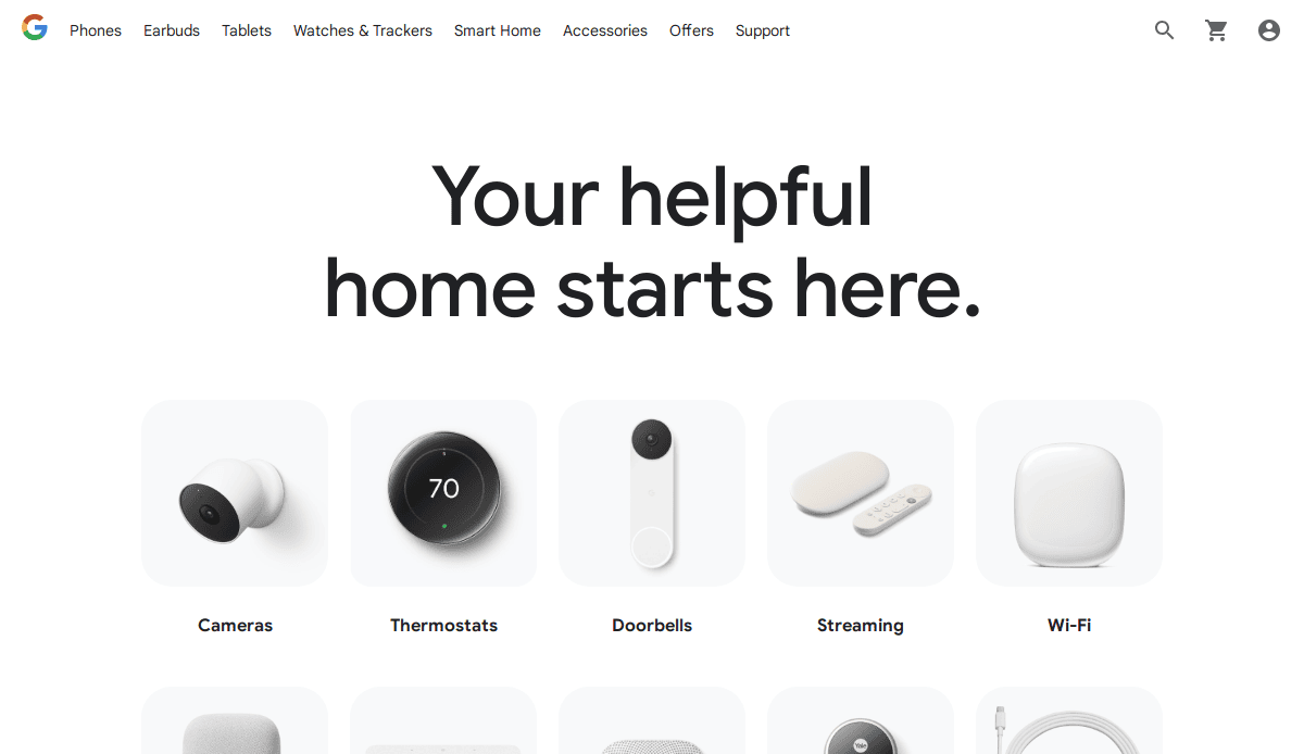 Google Store homepage featuring the text Your helpful home starts here. Above icons and images for smart home devices including cameras, thermostats, doorbells, streaming, and Wi-Fi. Navigation bar at the top.
