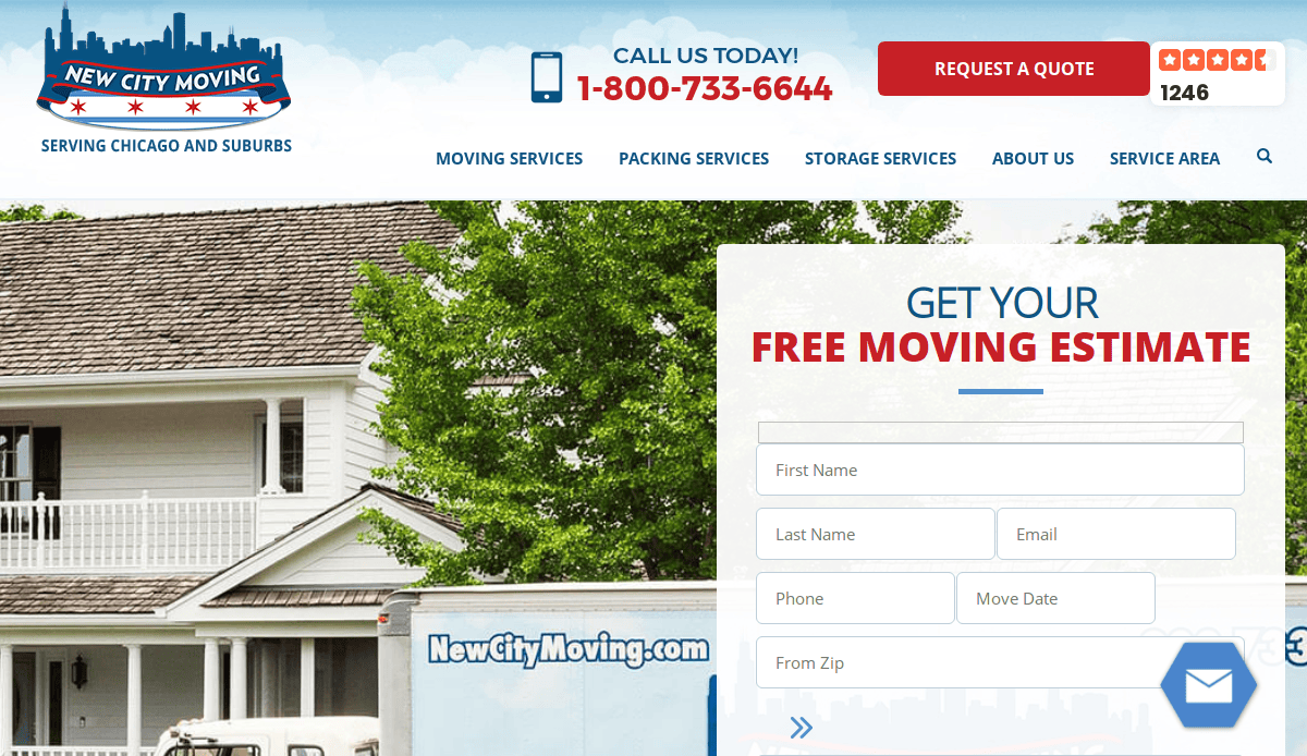 A white house with a porch and trees in the background; a New City Moving truck is parked in front. The website offers moving services, a quote request button, and a form for a free moving estimate.