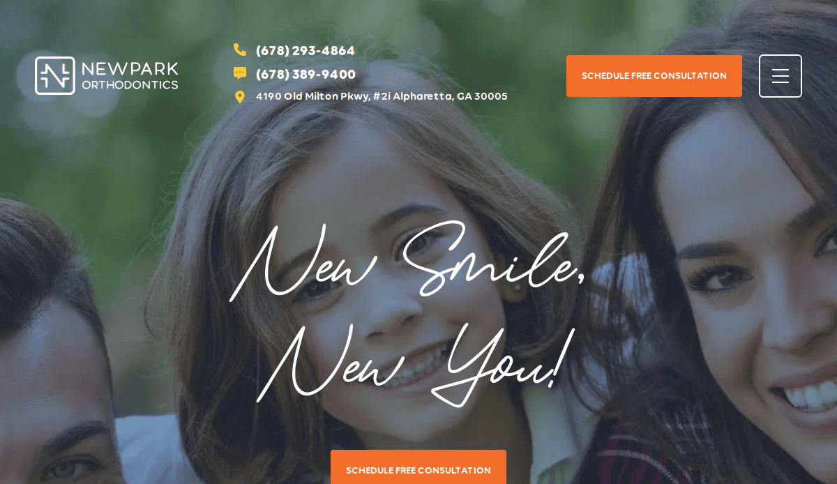 A smiling family, including a young girl and a woman, is featured on the homepage of New Park Orthodontics. Contact information and orange Schedule Free Consultation buttons are displayed over the image.
