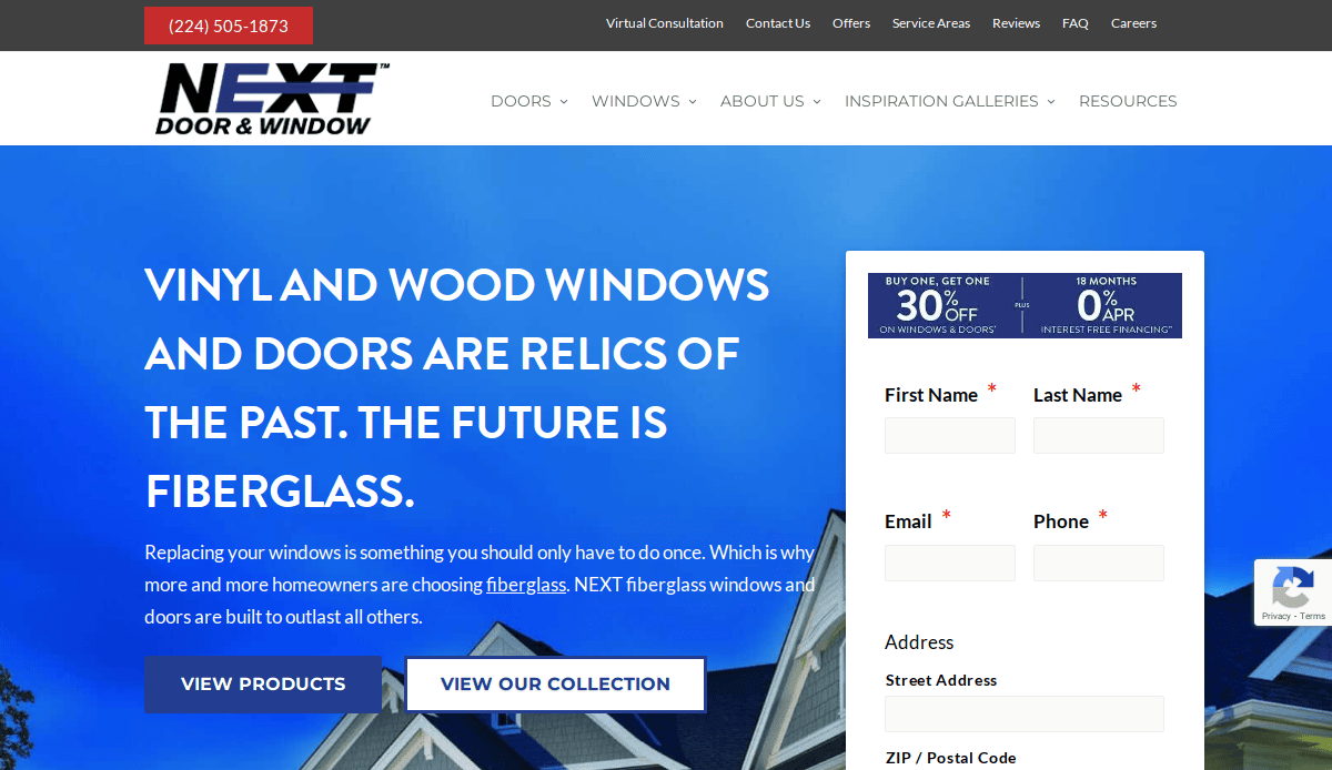 Screenshot of the NEXT Door & Window website showing a blue banner with white text promoting vinyl and wood window replacements, a red contact number at the top, and a contact form on the right side.
