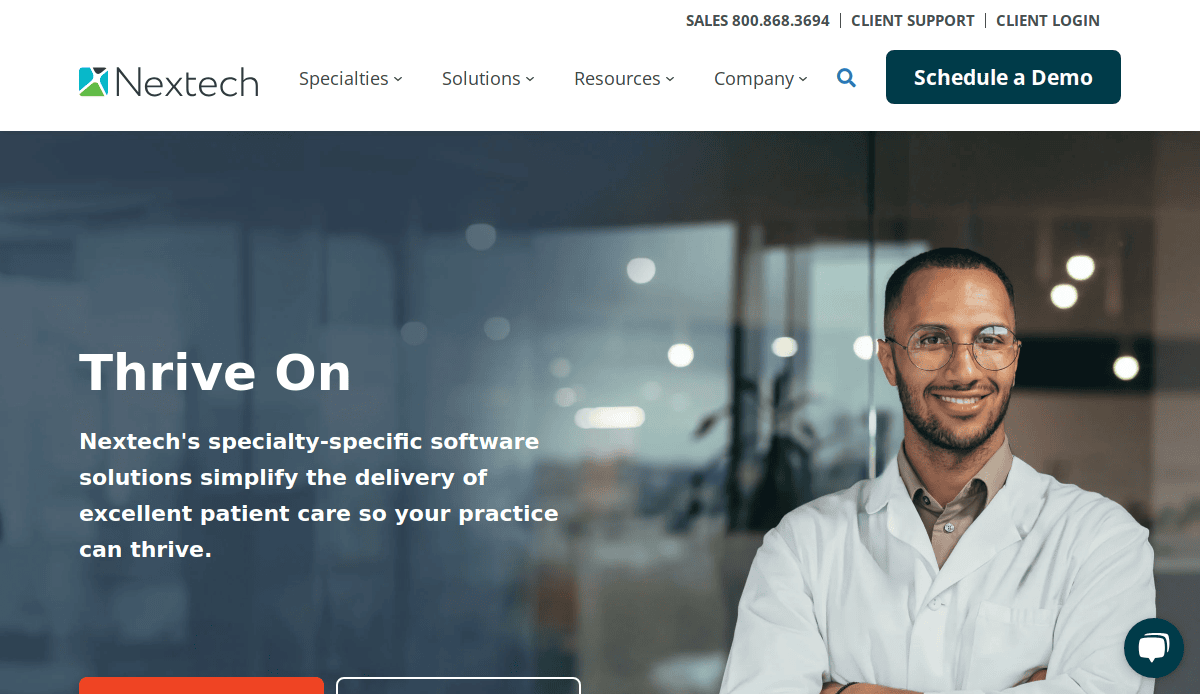 A smiling man in a white lab coat stands with arms crossed in a medical office. The screen displays the Nextech logo, navigation menu, and text promoting specialty-specific software solutions for healthcare practices.