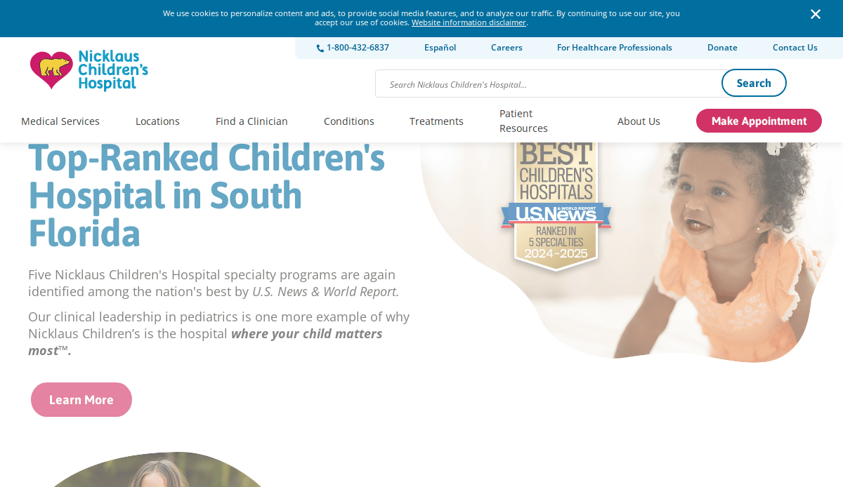 Screenshot of Nicklaus Children’s Hospital website showing a banner that reads Top-Ranked Children’s Hospital in South Florida, a badge for U.S. News rankings, a smiling child, and a pink Make Appointment button.