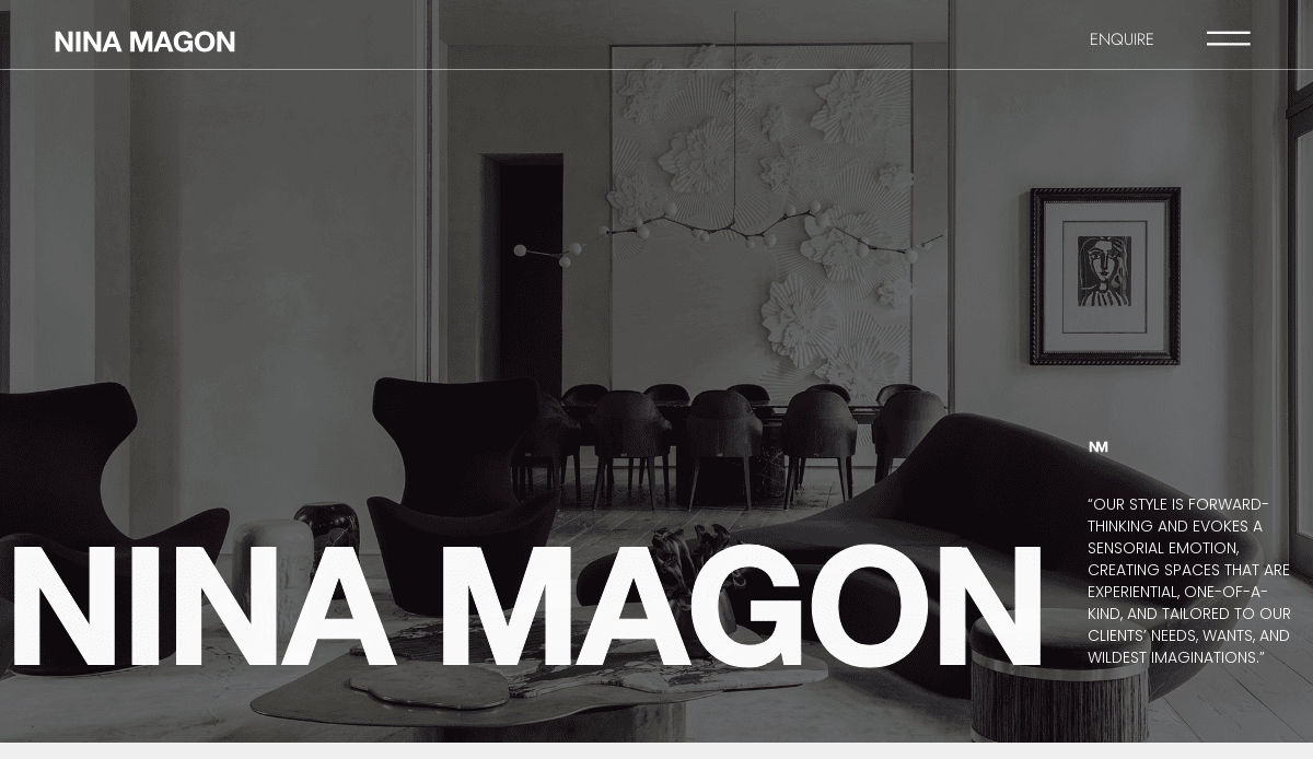 Modern living space with contemporary chairs, an artistic wall panel, a framed portrait, and a dining area in the background. Large white text reads NINA MAGON at the bottom of the image.