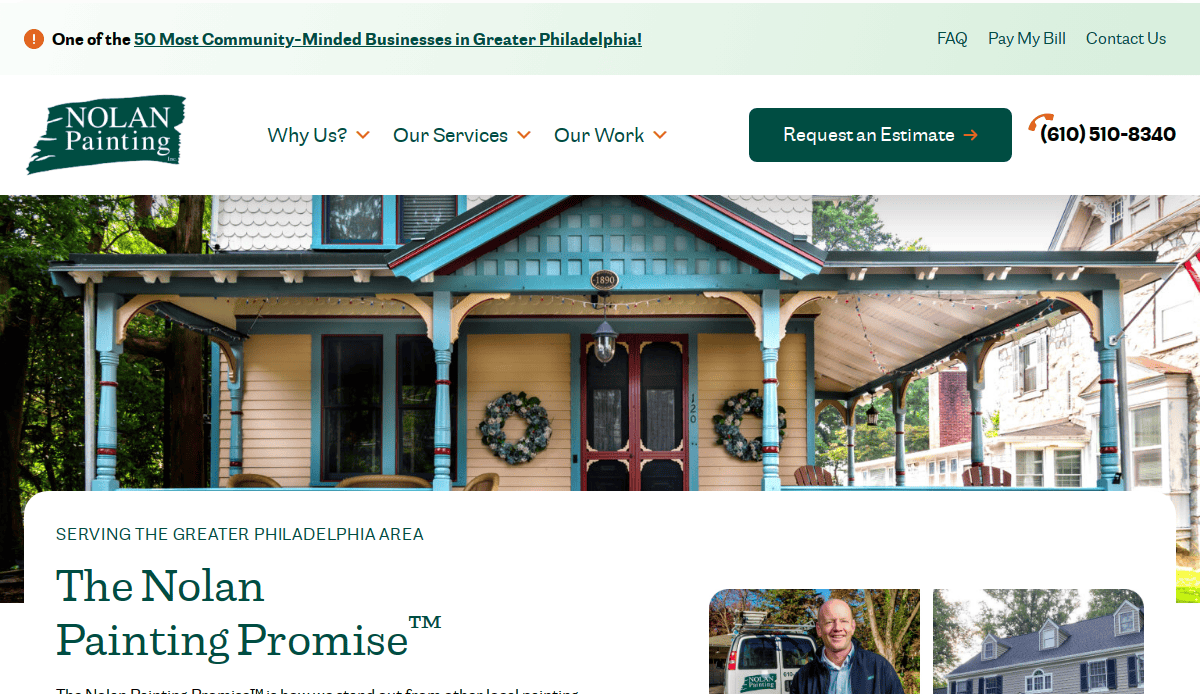 Screenshot of the Nolan Painting website, featuring a porch with blue and white trim, a green logo, navigation menu, and a banner highlighting community recognition in Greater Philadelphia.