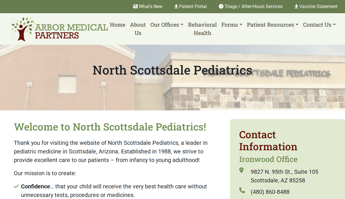 Screenshot of the North Scottsdale Pediatrics website, showing the Arbor Medical Partners logo, navigation menu, welcome message, and contact information for the Ironwood Office.