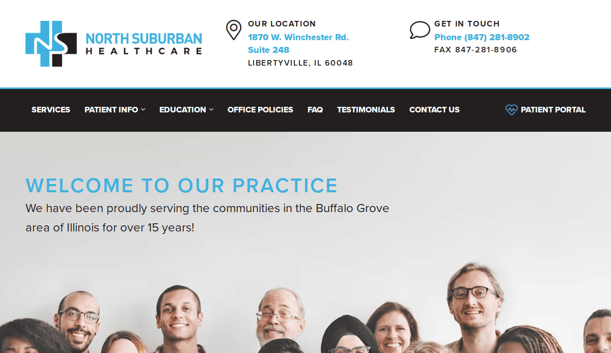 Screenshot of North Suburban Healthcare’s website, showing their logo, contact info, navigation menu, and a banner with a group of diverse people smiling under the text “Welcome to our practice.”.