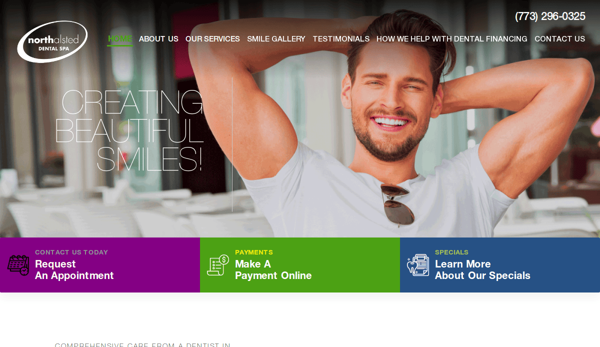 A smiling man with his arms raised rests on his head. Text reads Creating Beautiful Smiles! with navigation options for appointments, payments, and specials at Northside Dental Spa.