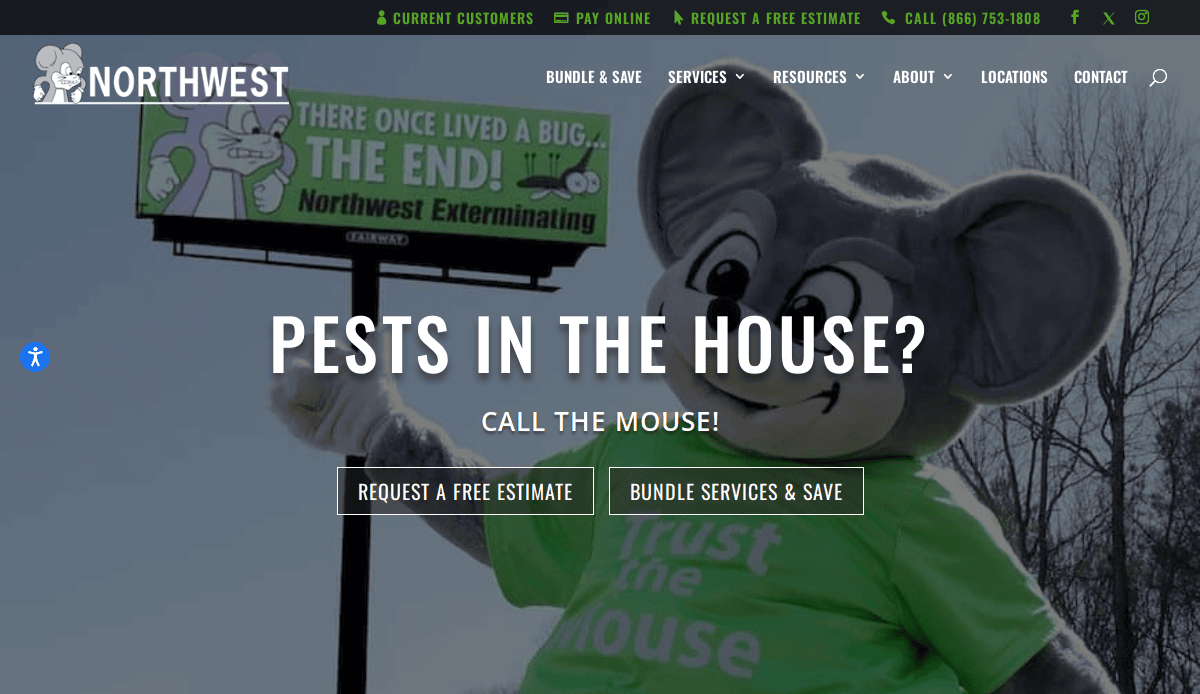 A person in a mouse mascot costume stands in front of a Northwest Exterminating billboard that reads, Once there lived a bug, THE END! The website promotes pest control services with “PESTS IN THE HOUSE? CALL THE MOUSE!”.