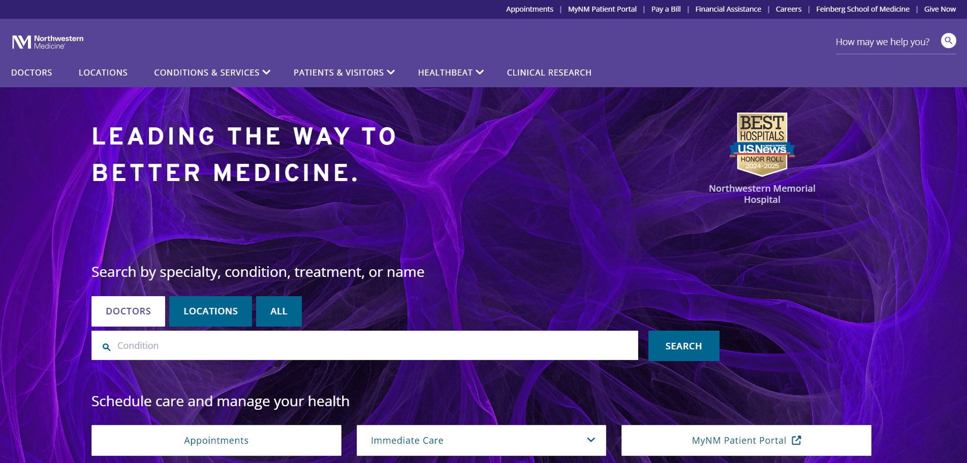 Screenshot of Northwestern Medicine’s website homepage with a purple abstract background, search bar for doctors or conditions, navigation menu, and “Leading the way to better medicine” headline. Northwestern Memorial Hospital logo is visible.