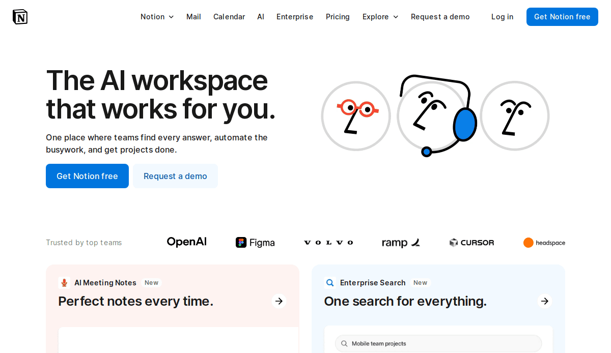 Screenshot of Notion’s website showing a headline “The AI workspace that works for you,” blue buttons for “Get Notion free” and “Request a demo,” abstract face illustrations, and logos of partner companies below.