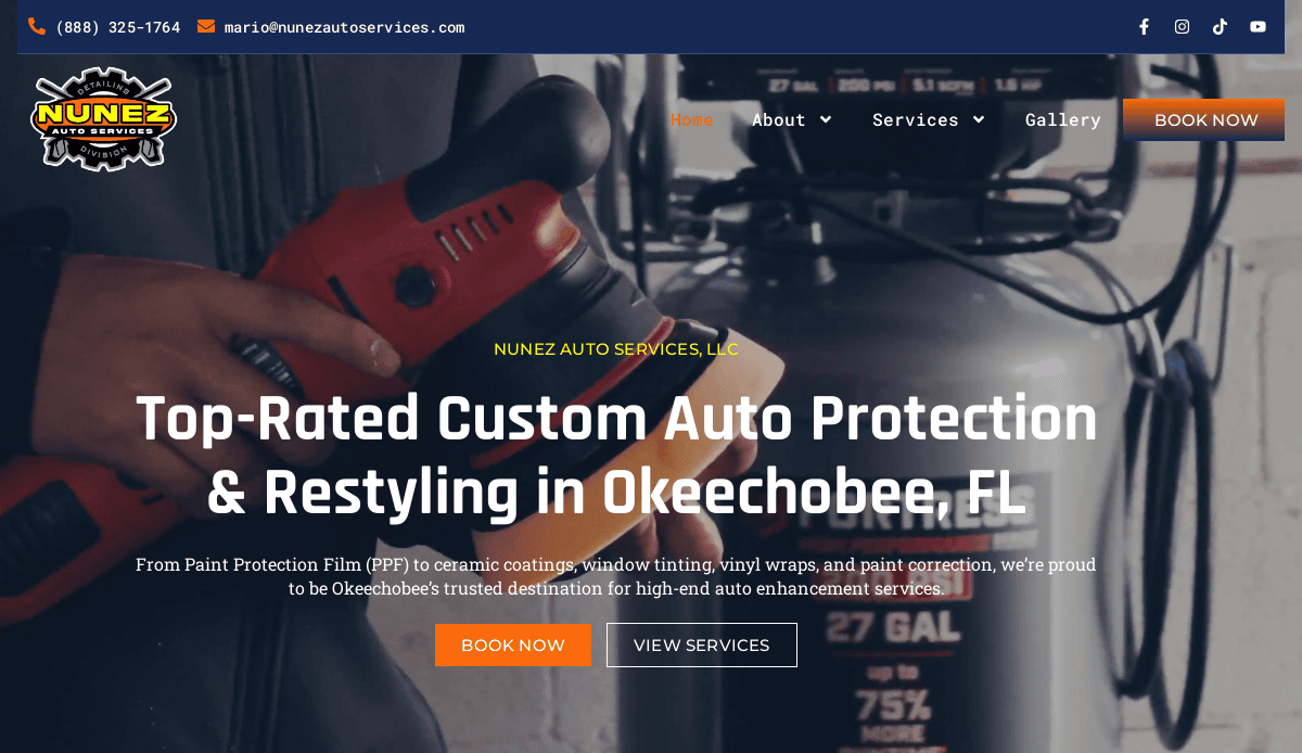 A close-up of a person using a red and black power tool, with a compressor in the background. Text overlays promote “Top-Rated Custom Auto Protection & Restyling in Okeechobee, FL” for Nunez Auto Services.