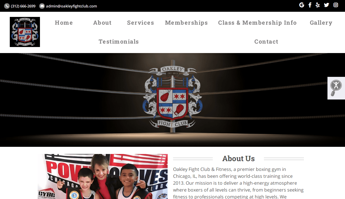 Screenshot of the Oakley Fight Club website homepage, featuring a boxing ring graphic with the club’s crest logo and a navigation menu. Below, a photo shows three smiling kids in boxing gear under the About Us section.