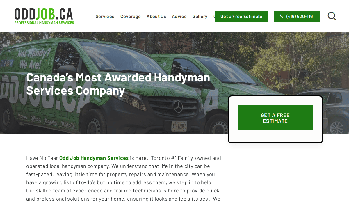 Screenshot of Odd Job Handyman Services website showing two branded vans and a headline reading Canada’s Most Awarded Handyman Services Company with a green button labeled Get a Free Estimate.