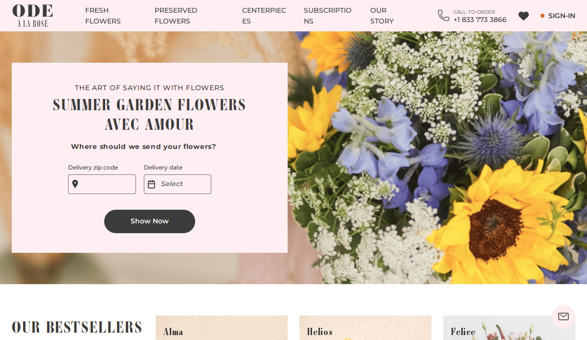 Website homepage for Ode à la Rose, featuring a floral arrangement with sunflowers, roses, and greenery on the right. The left side has a pink delivery form and text promoting summer garden flowers. Navigation bar is at the top.