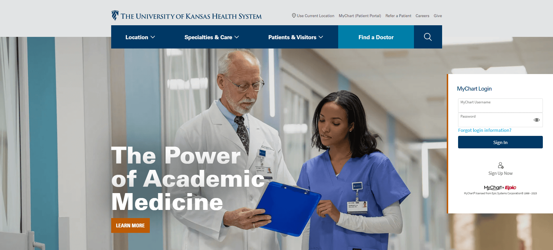 A male doctor and a female nurse review a blue clipboard together in a hospital hallway. Text on the image reads, The Power of Academic Medicine. A MyChart login box appears on the right.