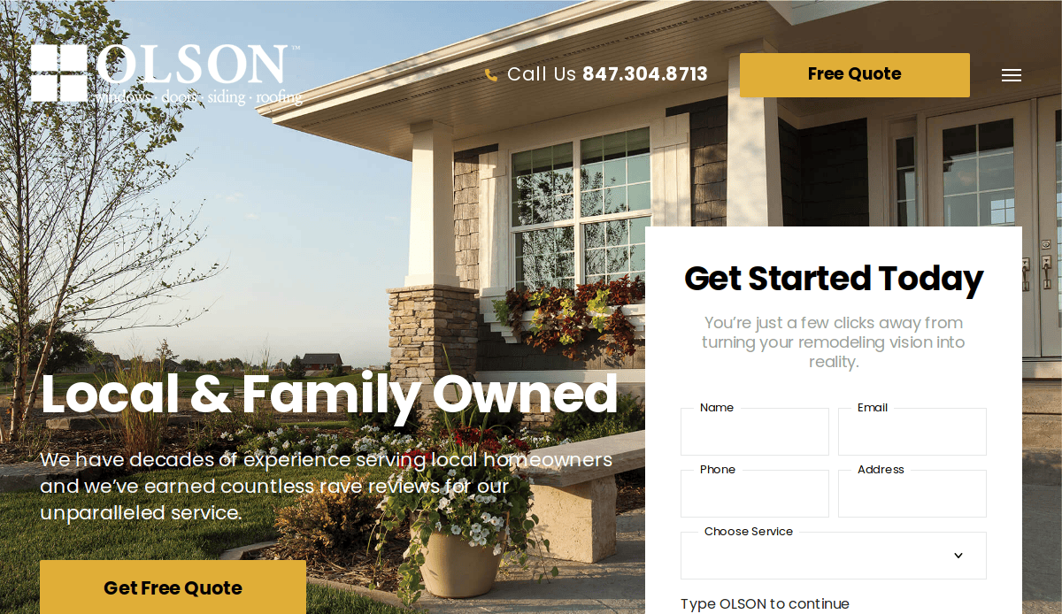 Front view of a house with columns and flowers on the porch. A web form titled Get Started Today is on the right, and the Olson Remodeling logo, contact number, and a Free Quote button appear at the top.