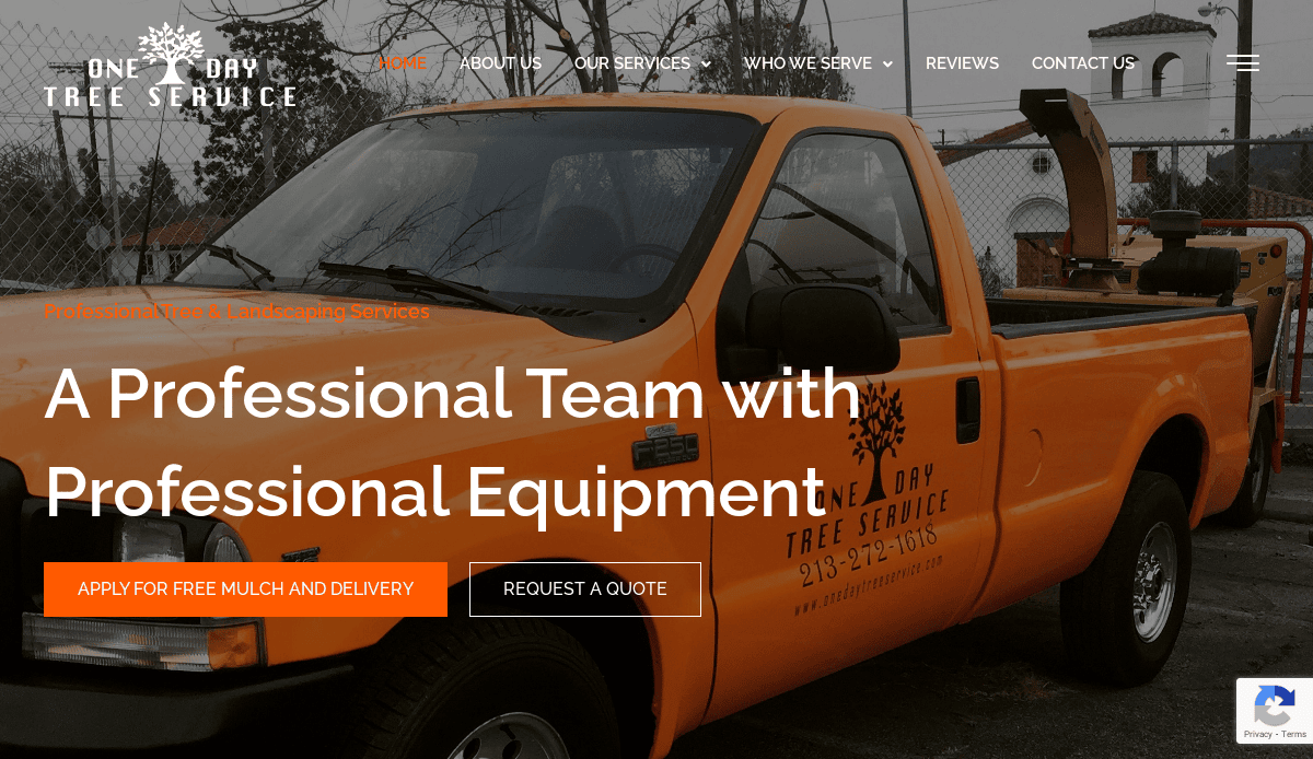 Bright yellow pickup truck with One Day Tree Service logo parked outside; overlaid text offers professional tree and landscaping services, free mulch and delivery, and a quote request button.