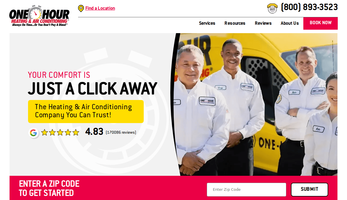 Four smiling HVAC technicians in uniform stand in front of a yellow One Hour Heating & Air Conditioning van. Text promotes their services and includes a Google rating of 4.83 stars. A zip code entry box is visible.