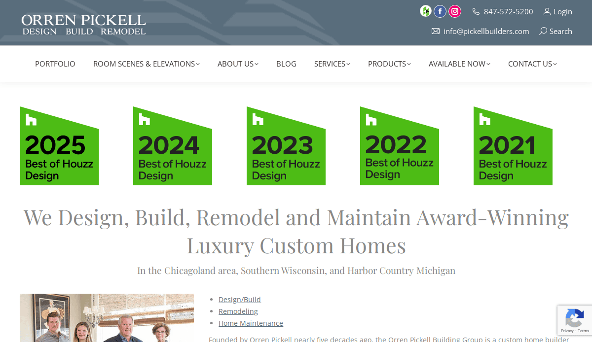 Screenshot of the Orren Pickell Design Build Remodel website showing contact information, navigation menu, and five green Best of Houzz Design award badges for 2021–2025 above a headline about custom homes.