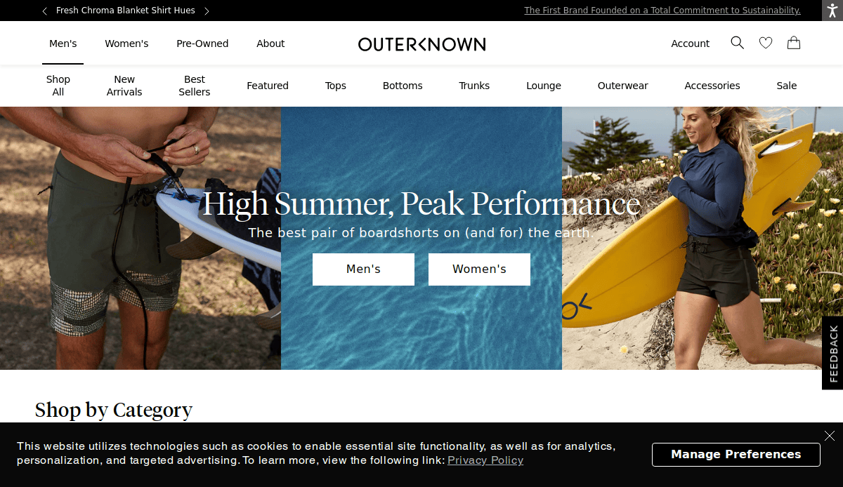 Screenshot of the Outerknown website homepage featuring a banner with two people holding surfboards, promoting boardshorts for men and women, with navigation links and a cookie consent notice at the bottom.