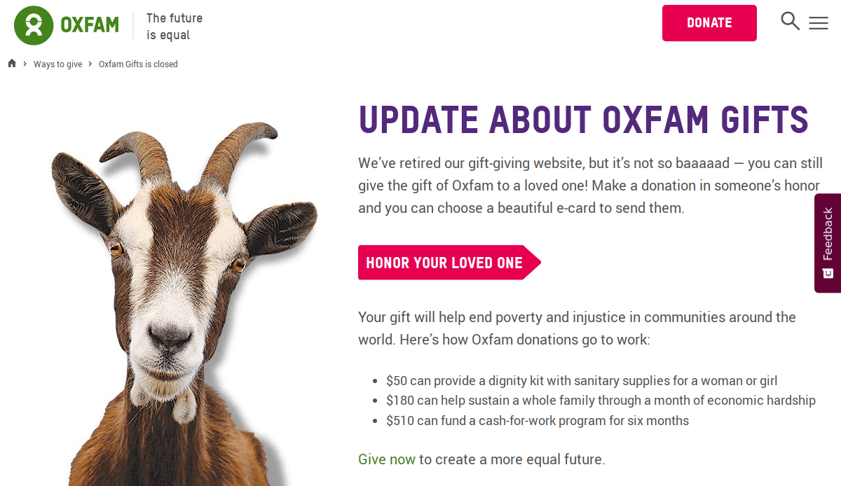 A smiling goat is beside text explaining that Oxfam has retired its gift-giving website but donations can still be made in someone’s honor. The text lists donation impacts, such as hygiene kits and economic support.