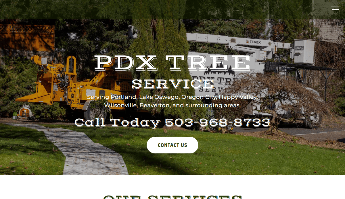 A tree service truck and equipment parked near trees and a sidewalk. Text reads: PDX Tree Service. Serving Portland, Lake Oswego, Oregon City, Happy Valley, Wilsonville, Beaverton, and surrounding areas. Call Today 503-968-8733.