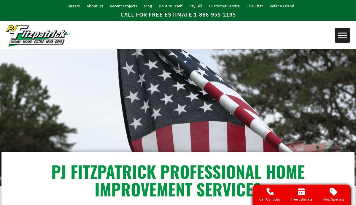Screenshot of PJ Fitzpatrick’s website homepage, showing an American flag and the text “PJ Fitzpatrick Professional Home Improvement Services.” A green phone number and red contact buttons are also visible.