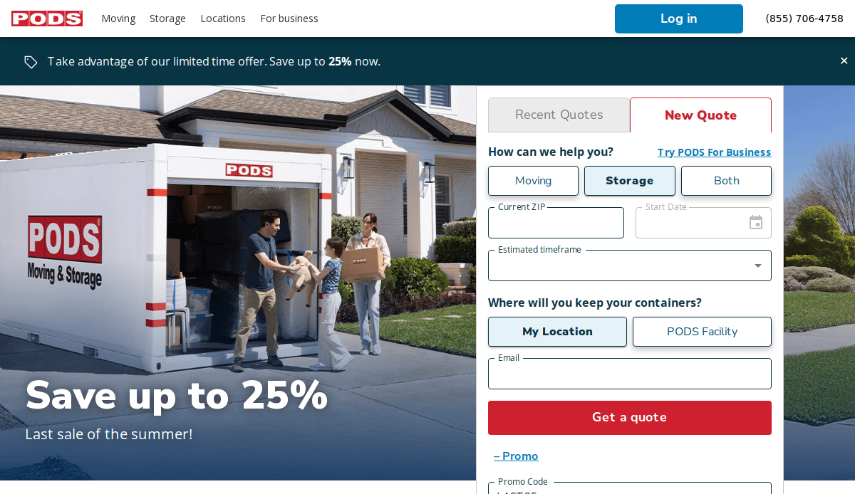 A family loads moving boxes into a white PODS storage container outside a suburban home. Text promotes saving up to 25%. A form on the right offers quotes for storage and moving services.