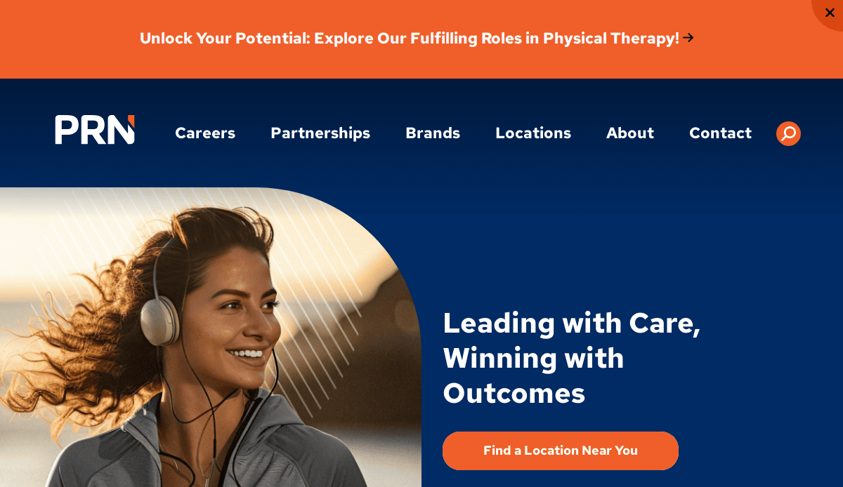 A smiling woman with headphones and a ponytail stands outdoors. The website header promotes physical therapy roles and includes navigation links for careers, partnerships, brands, locations, about, and contact.