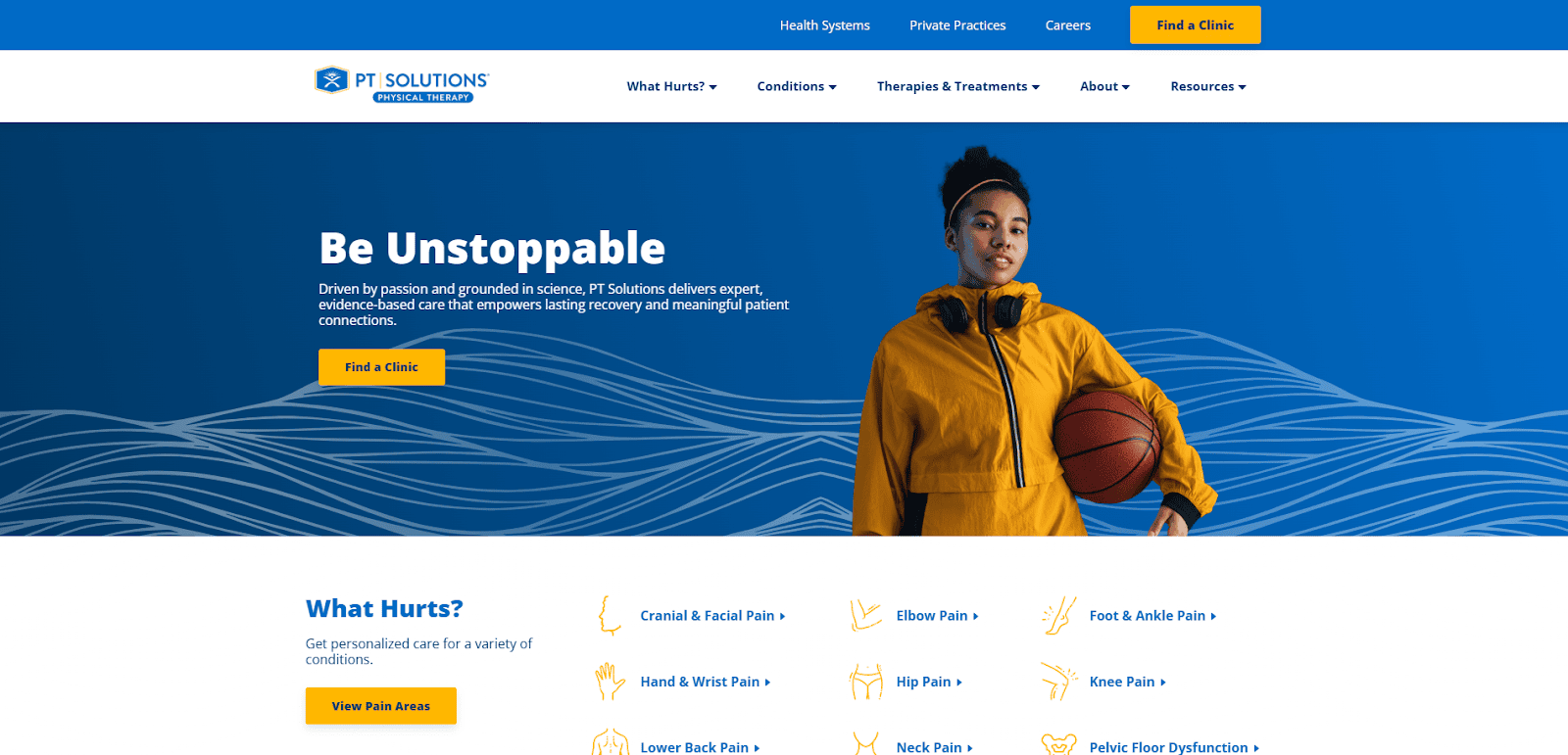Screenshot of the PT Solutions website homepage, featuring a woman in a yellow jacket holding a basketball, bold text “Be Unstoppable,” and navigation options for clinics, conditions, and therapies.
