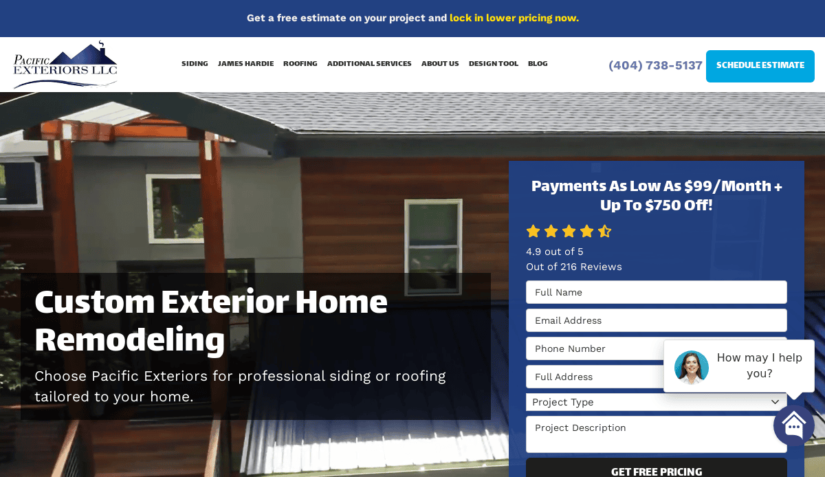 Screenshot of Pacific Exteriors LLC’s website, featuring a modern home exterior, a contact form, company logo, navigation menu, and an ad for payments as low as $99/month with up to $750 off.