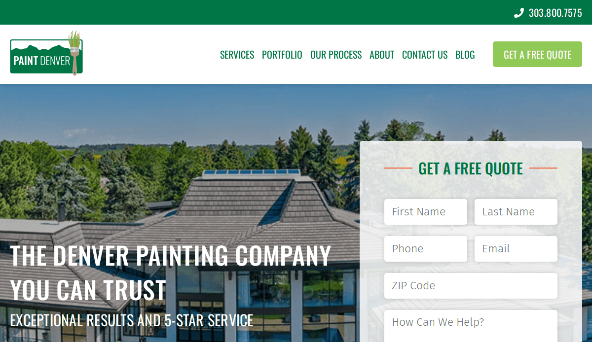 Screenshot of the Paint Denver website homepage featuring a modern building, navigation menu, contact number, and a form to get a free quote. Text reads: The Denver Painting Company You Can Trust.