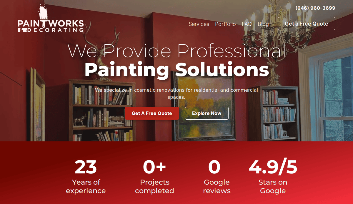 A home interior with red walls, bookshelves, a chandelier, and art is shown on the Paintworks Decorating website. Text highlights painting services, a free quote button, and service stats: 23 years, 0+ projects, 4.9/5 Google rating.
