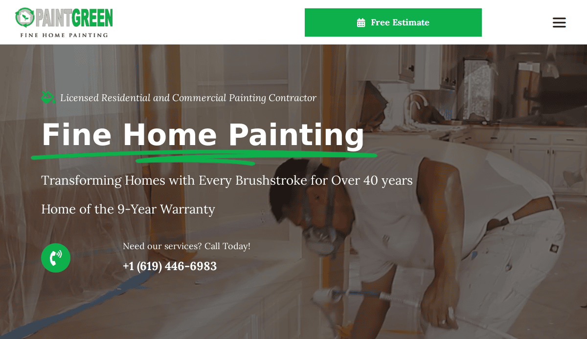 A painter wearing a mask works on kitchen cabinets; overlaid text reads: Fine Home Painting, highlighting over 40 years’ experience, a 9-year warranty, phone number, and a button for a free estimate at PaintGreen.