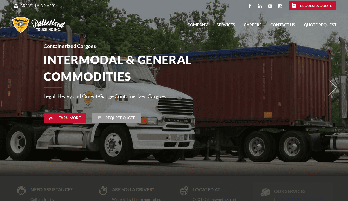A white semi-truck with red shipping containers is parked outside on a cloudy day. The website overlay reads Intermodal & General Commodities with navigation and request a quote options visible.