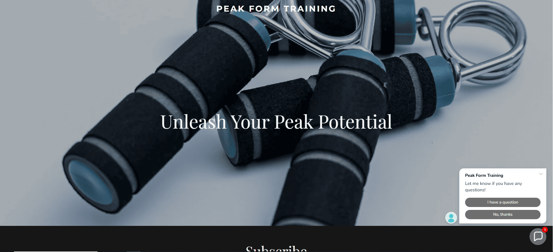 Close-up of black foam-handled hand grippers with blue springs, overlaid with the text “Unleash Your Peak Potential.” A chat window appears in the bottom right corner of the website.