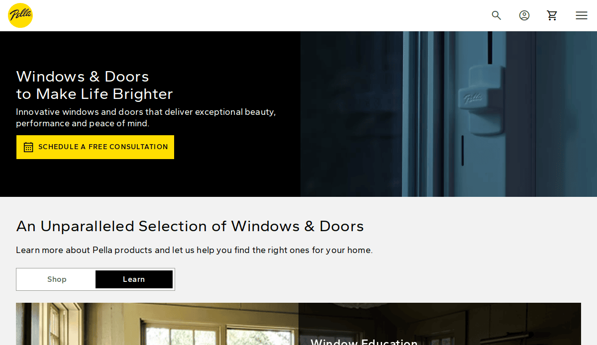 Homepage of a windows and doors company featuring a side-view photo of a window lock, text promoting innovative windows and doors, and buttons labeled Schedule a Free Consultation, Shop, and Learn.