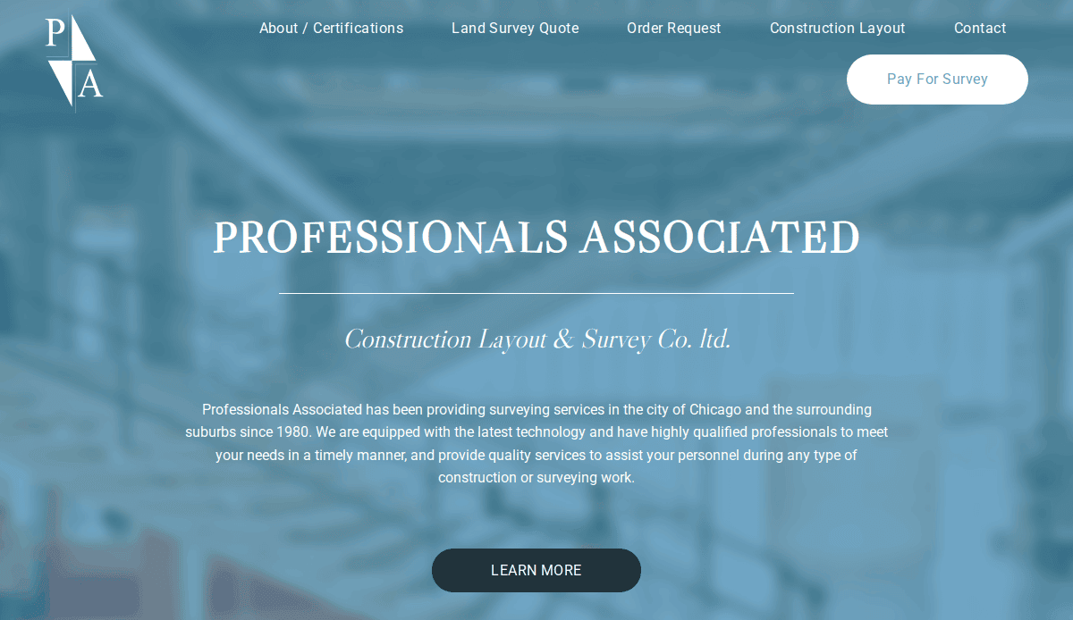 A website homepage for Professionals Associated, a surveying company, displays a blue overlay with navigation links, a Pay For Survey button, and introductory text describing their services in Chicago since 1980.