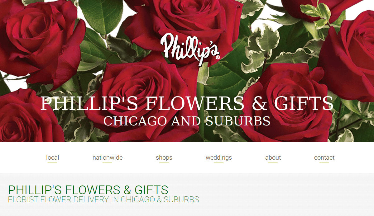 A website banner for Phillip’s Flowers & Gifts displays red roses in the background, with the logo and text: Phillips Flowers & Gifts, Chicago and Suburbs. Navigation links appear below.