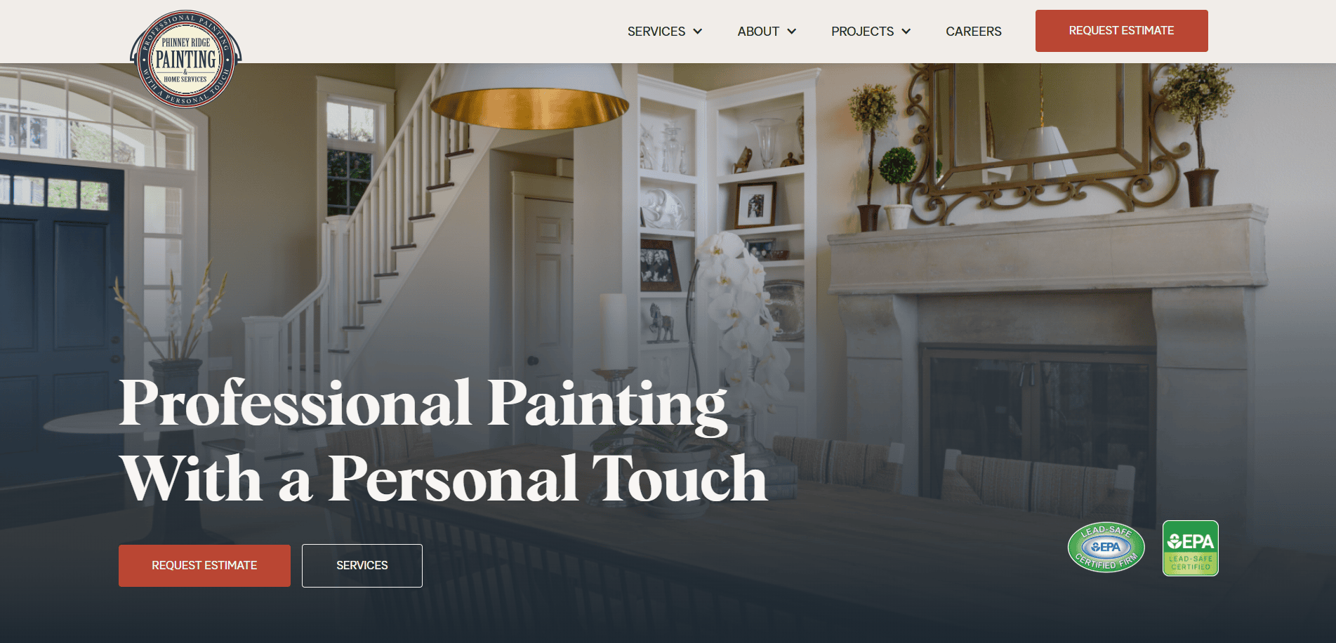 A website homepage for a painting company features a bright, modern living room with a fireplace, staircase, and elegant décor. Bold text reads, Professional Painting With a Personal Touch above service buttons.