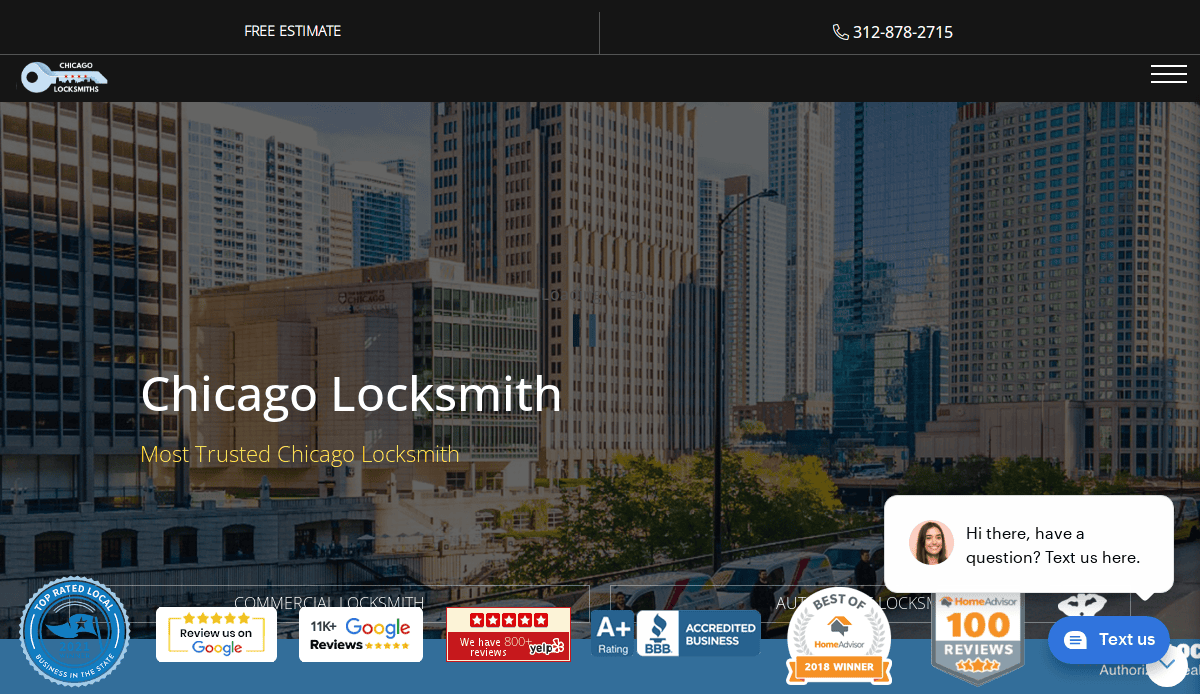 Website homepage for Chicago Locksmith, featuring a stunning cityscape background, contact info, review and accreditation badges, and a chat box in the lower right corner—showcasing top-notch locksmith website design to attract valuable locksmith leads.