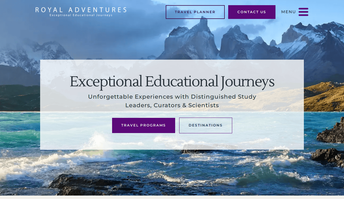 Website homepage for Royal Adventures, featuring a scenic mountain and lake background. Main text reads Exceptional Educational Journeys with buttons for travel programs and destinations. Navigation links are at the top.
